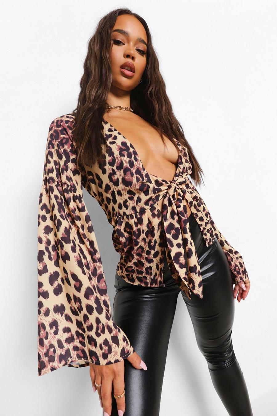 Brown Leopard Print Tie Front Blouse image number 1