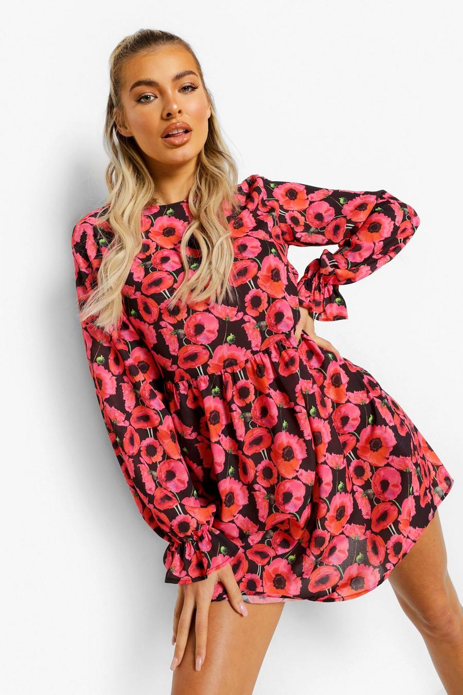 Hot pink Floral Frill Cuff Smock Dress image number 1