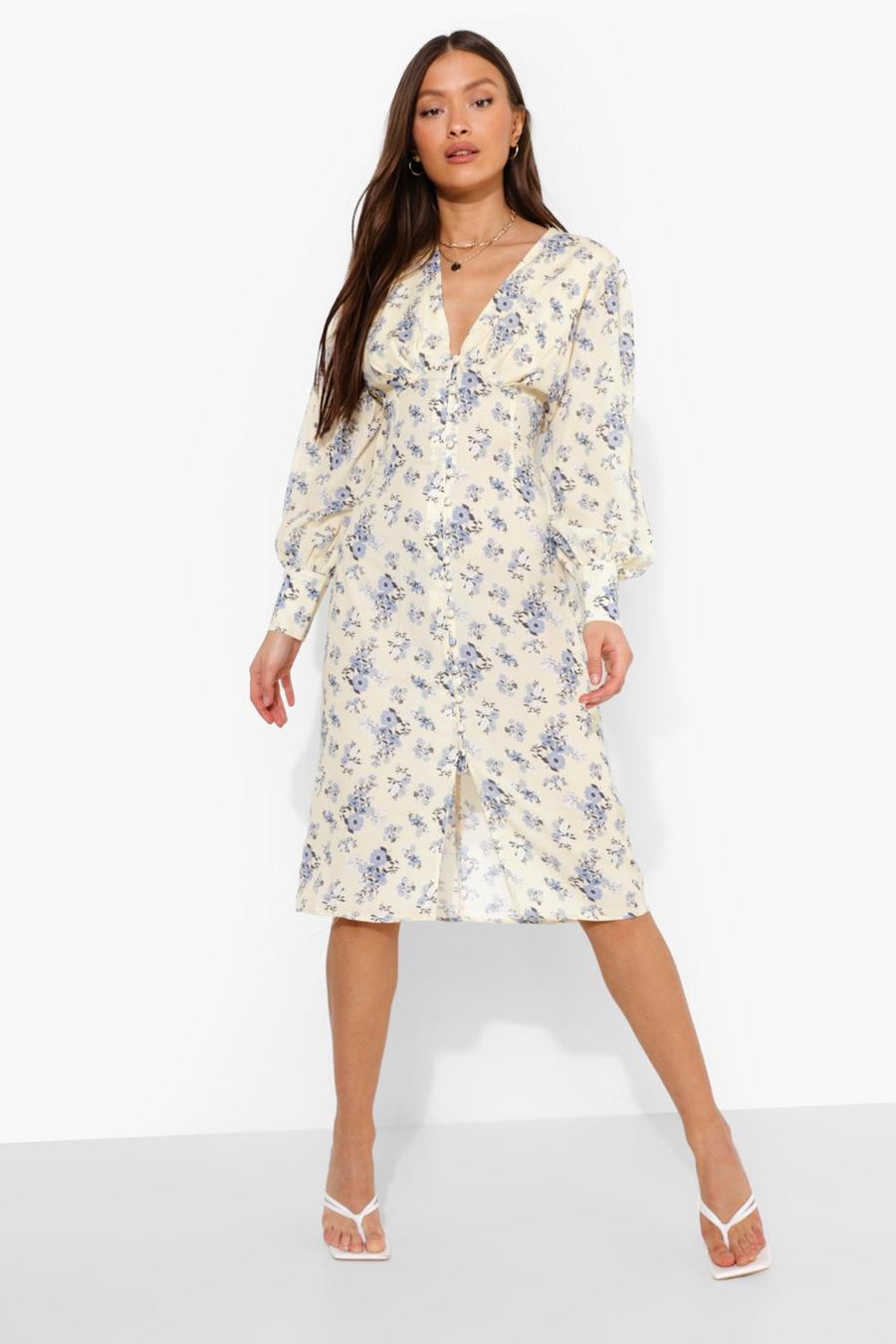 Cream Floral Button Detail Midi Dress image number 1