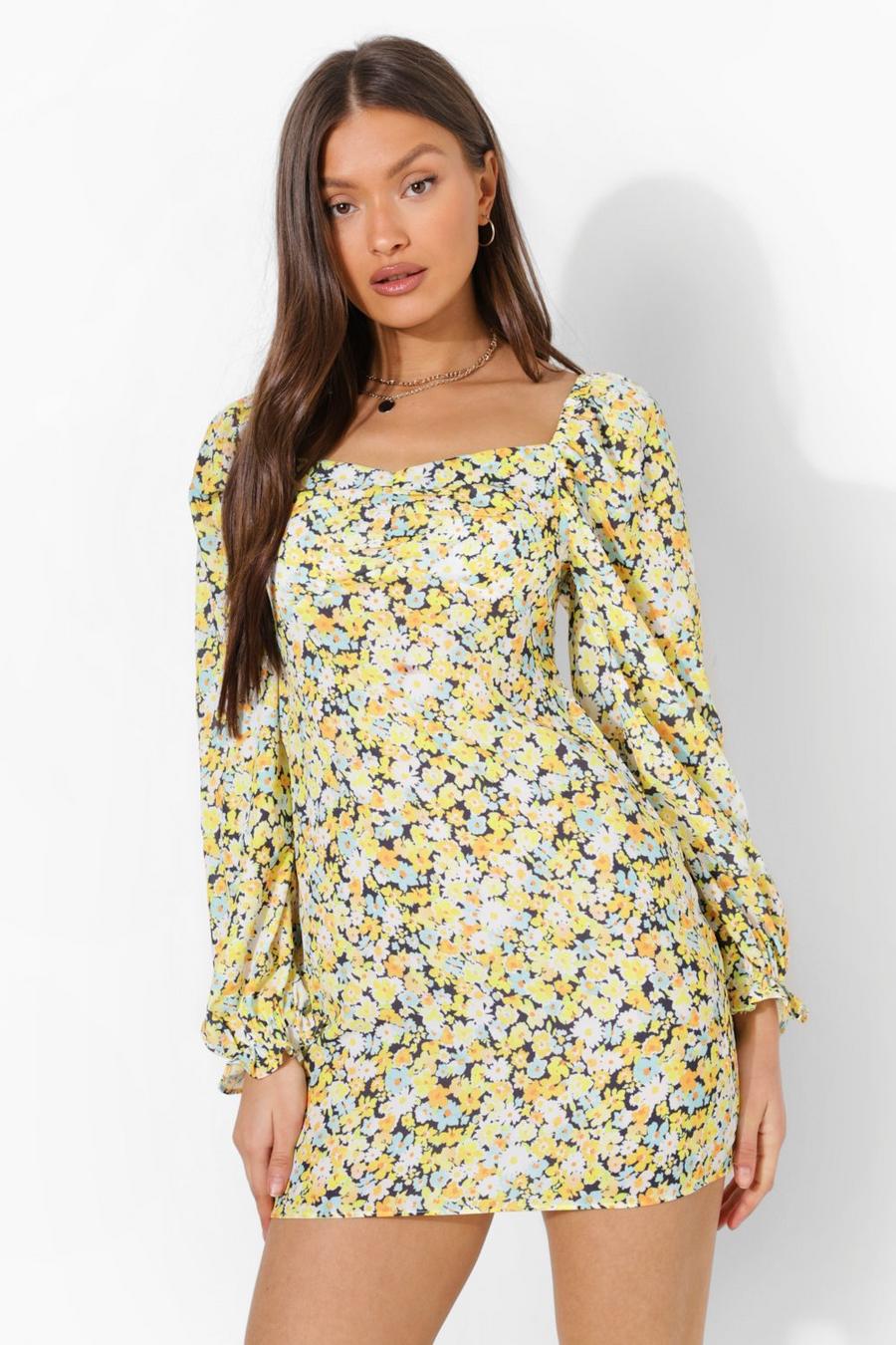 Yellow Floral Puff Sleeve Mini Dress image number 1