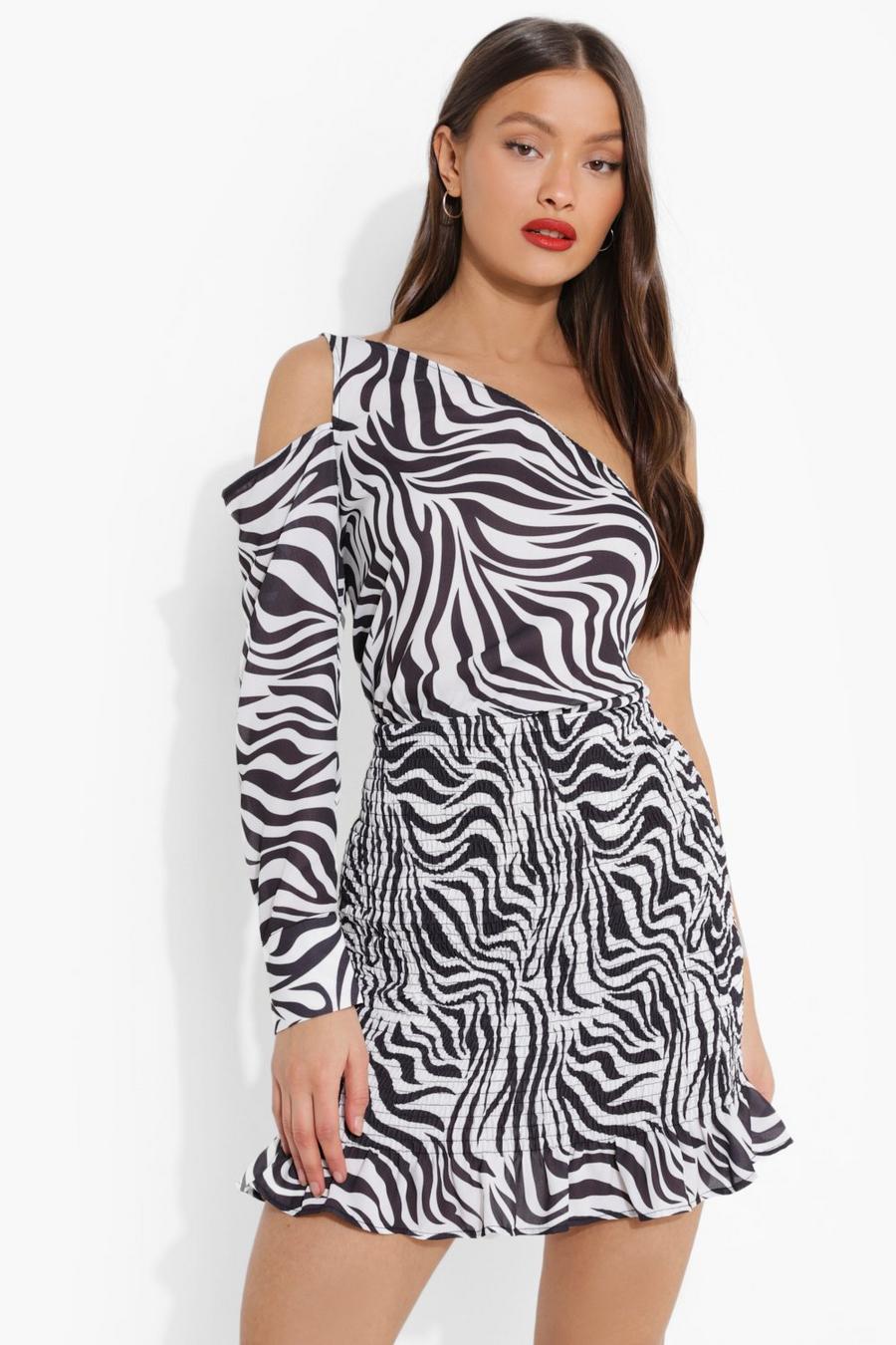 Black Zebra Shirred Asymmetric Mini Dress image number 1