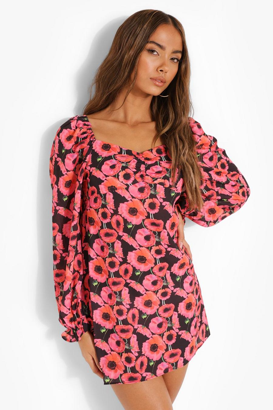 Hot pink Floral Puff Sleeve Mini Dress image number 1