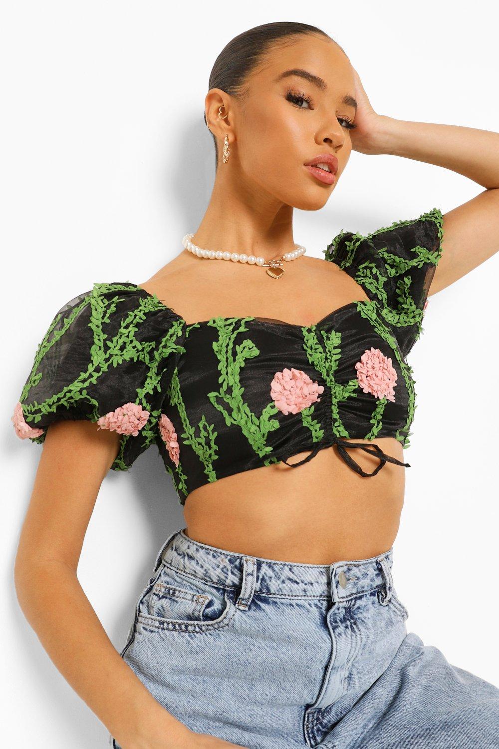 Mesh Crop Top - Black/floral - Ladies