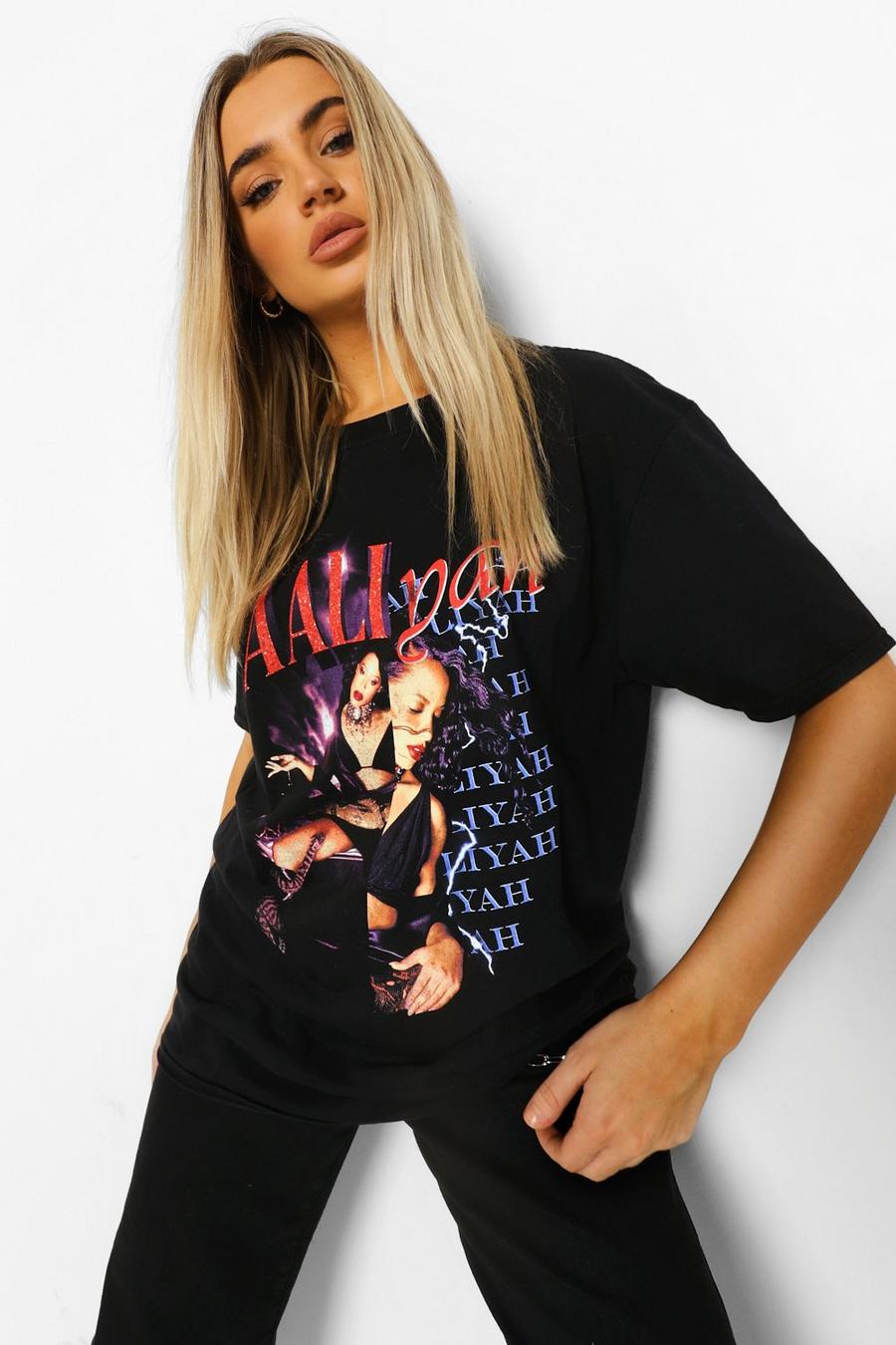 Gespleißtes Lizenz-T-Shirt mit Aaliyah-Print, Schwarz image number 1