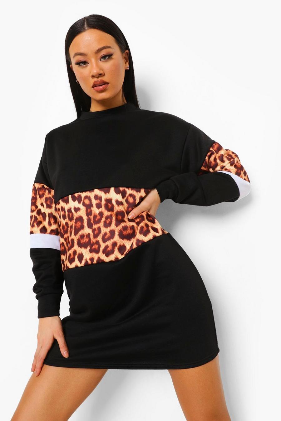 Black Sweatshirtklänning med blockfärger och leopardmönster image number 1