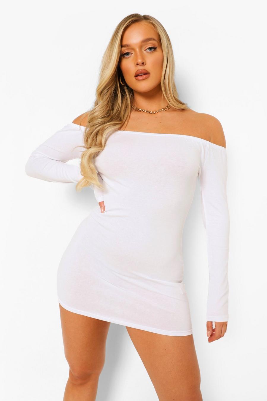 White Off The Shoulder Long Sleeve Bodycon Mini Dress image number 1
