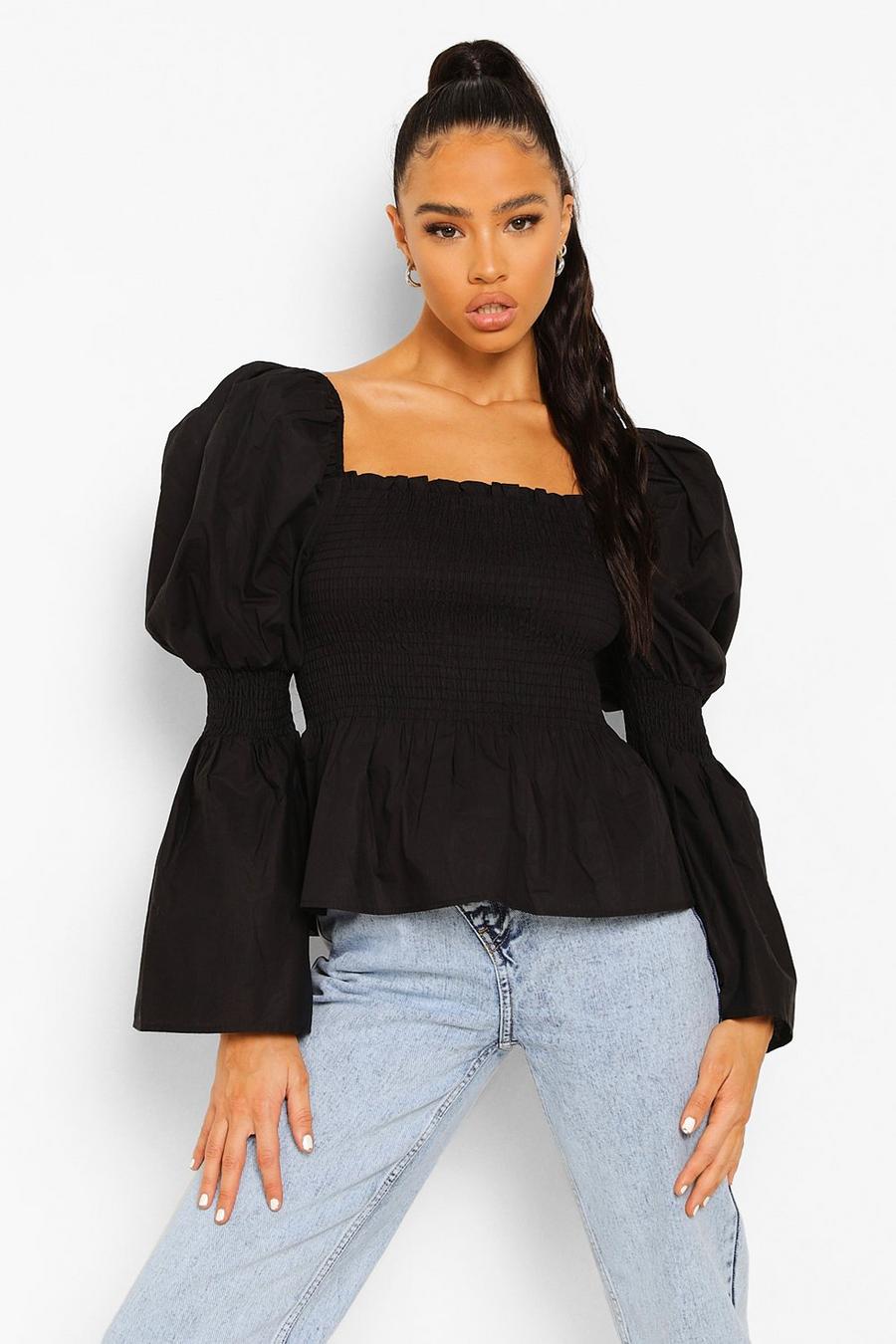 Black Cotton Shirred Bust Puff Sleeve Peplum Top image number 1