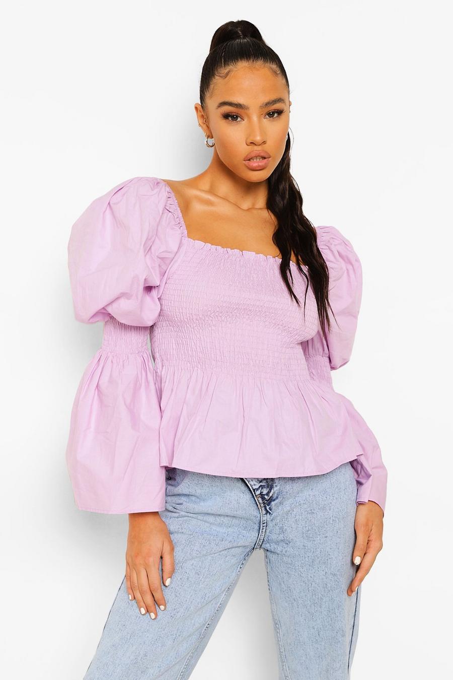 Lilac Cotton Shirred Bust Puff Sleeve Peplum Top image number 1