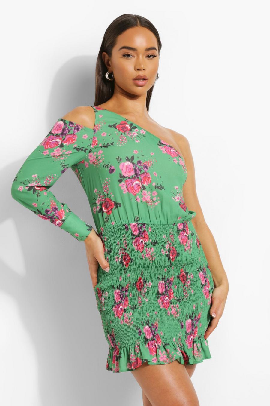 Green Floral Shirred Asymmetric Mini Dress image number 1