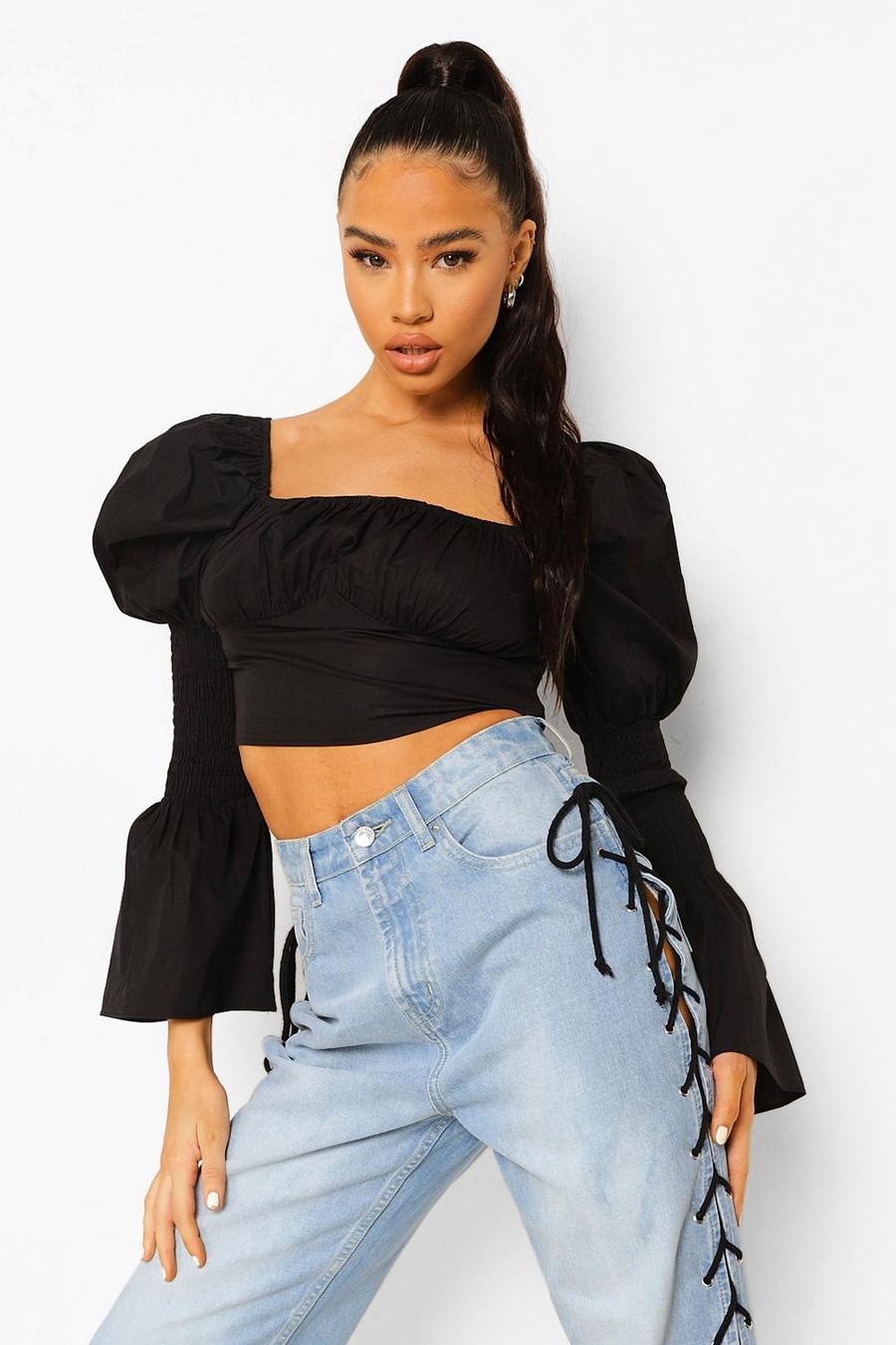 Black Cotton Puff Sleeve Gathered Bust Crop Top image number 1