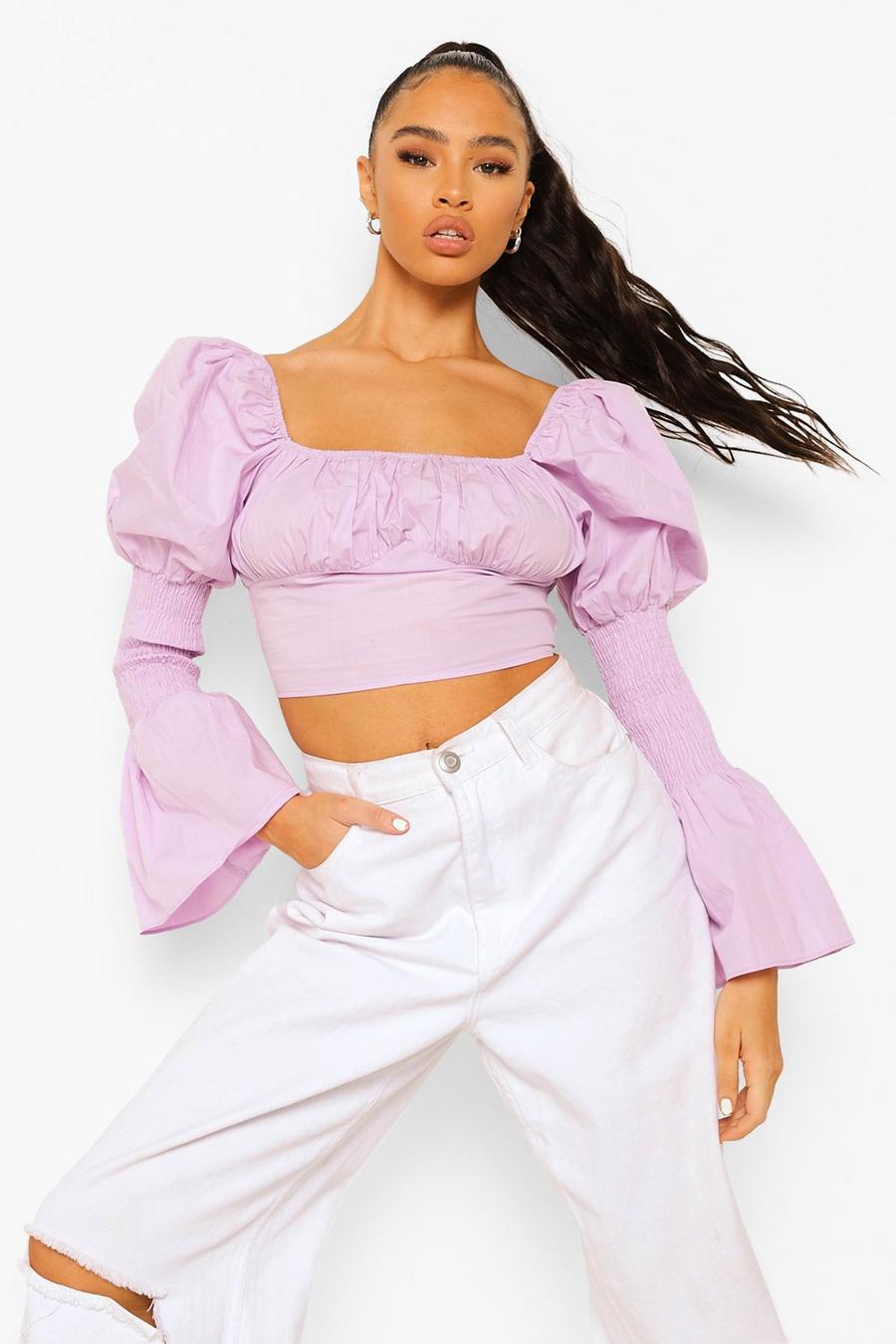 Lilac Cotton Puff Sleeve Gathered Bust Crop Top image number 1