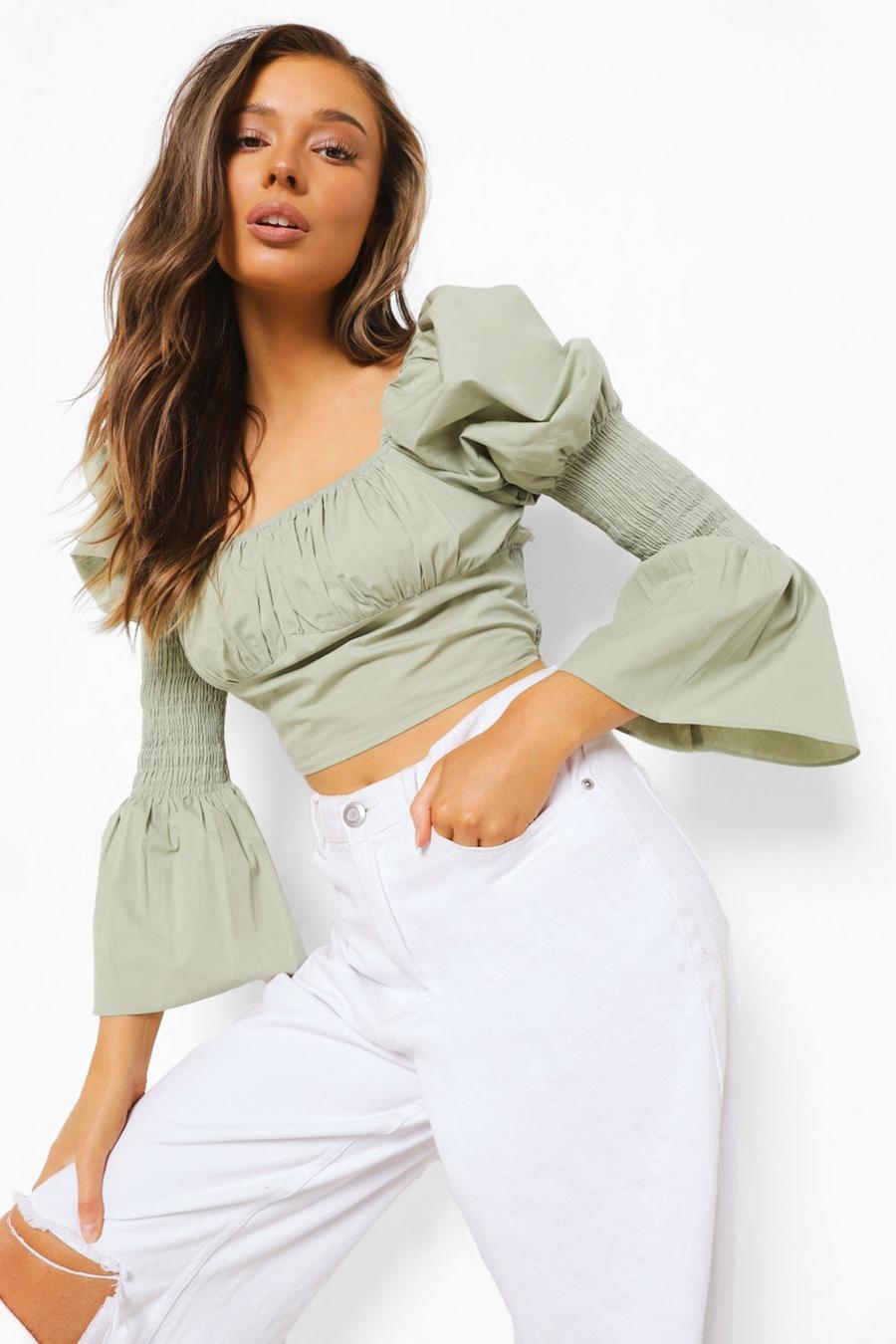 Sage Cotton Puff Sleeve Gathered Bust Crop Top image number 1