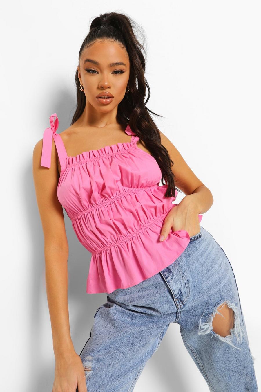 Hot pink Rynkad crop top med knytband image number 1