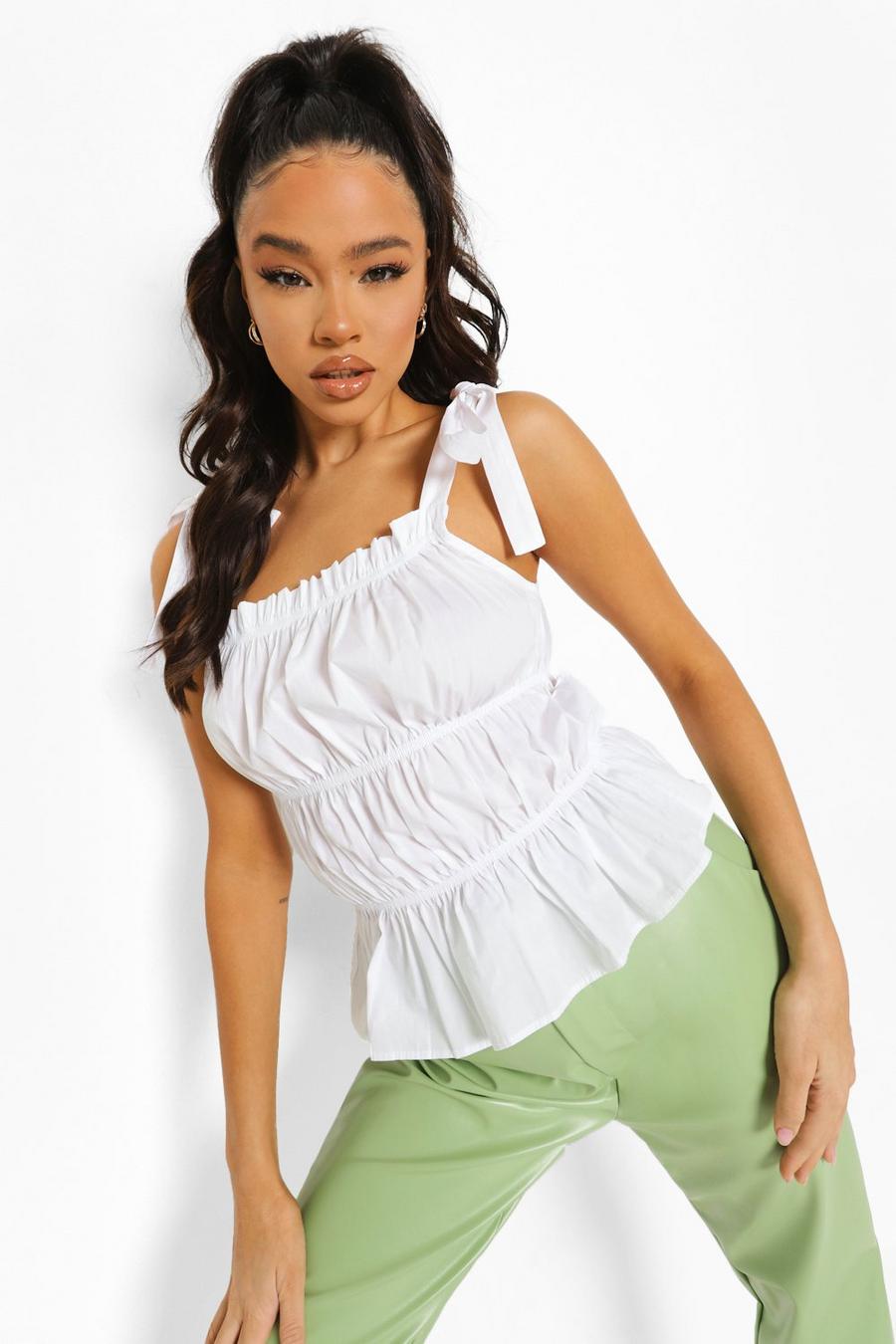 White Cotton Tie Strap Rouched Crop Top image number 1