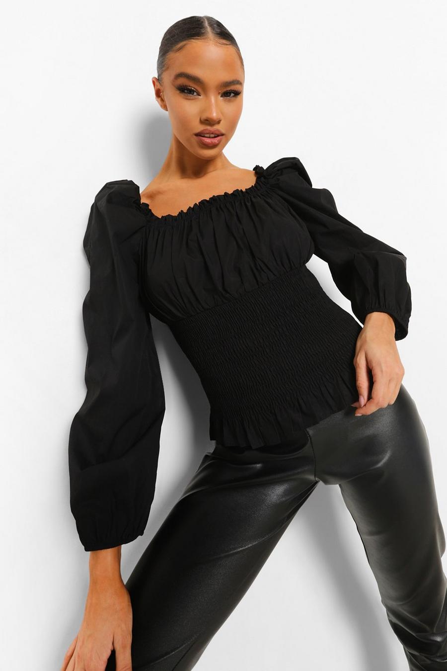 Black Cotton Shirred Puff Sleeve Square Neck Top image number 1