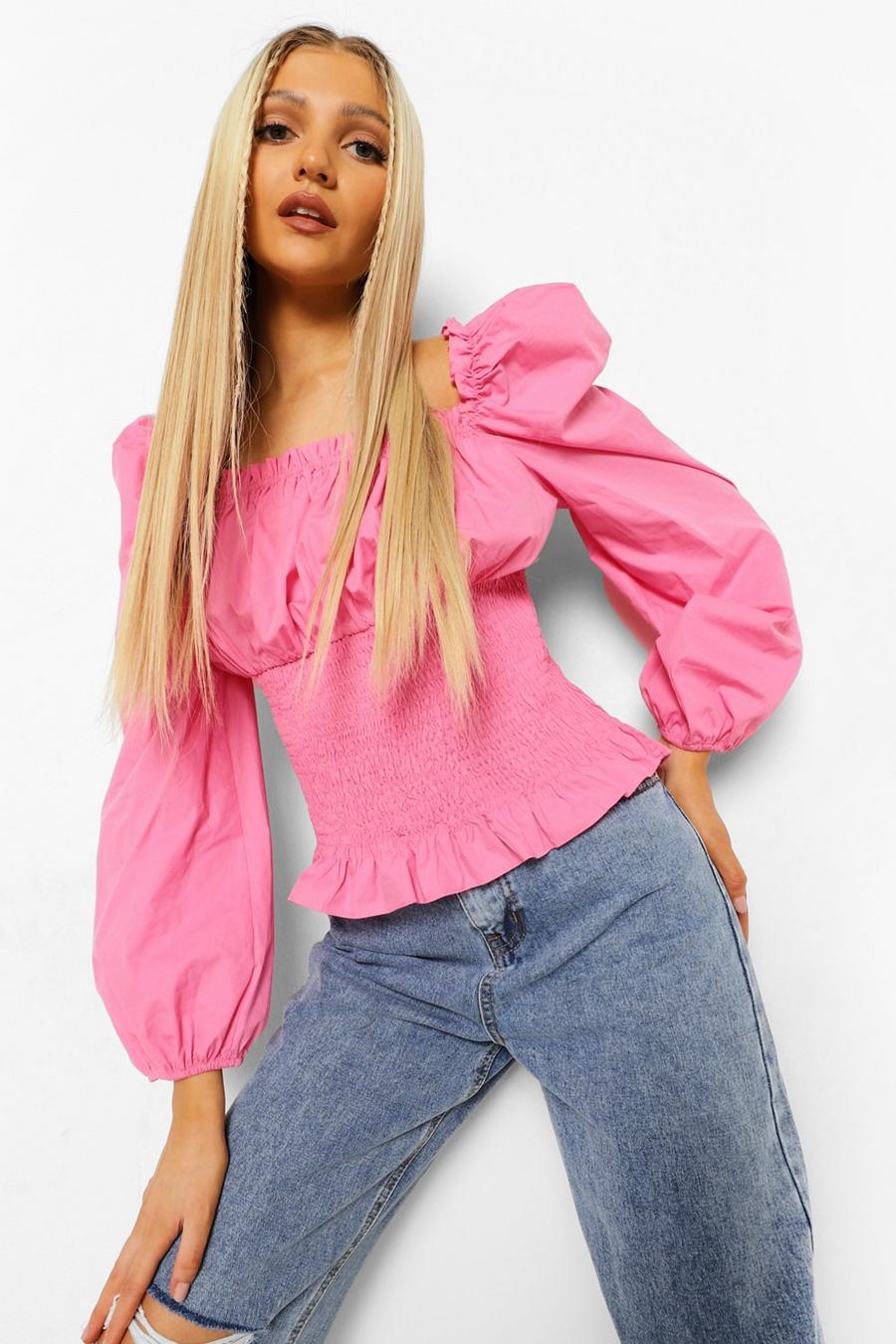 Hot pink Cotton Shirred Puff Sleeve Square Neck Top image number 1