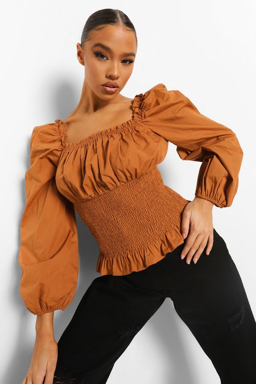 Tan Cotton Shirred Puff Sleeve Square Neck Top image number 1