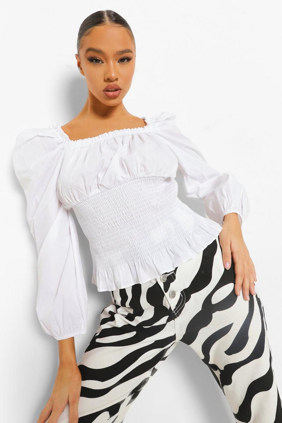 White Cotton Shirred Puff Sleeve Square Neck Top image number 1