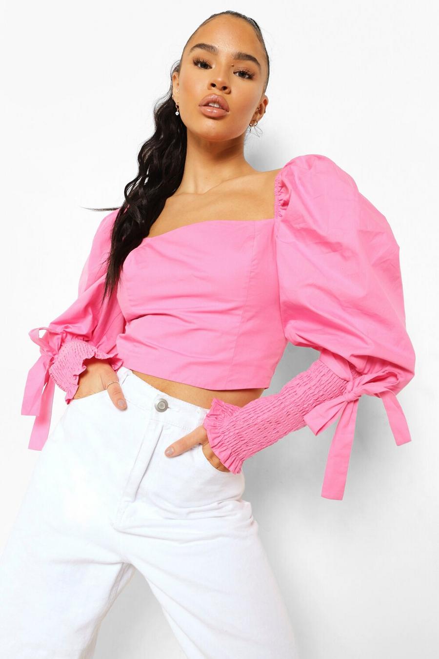 Hot pink Cotton Square Neck Tie Cuff Crop Top image number 1