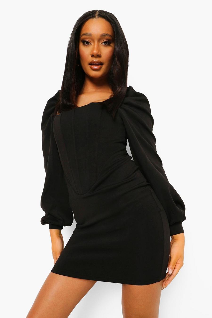 Vestido mini estilo Bardot con detalle de corsé y manga abullonada, Negro image number 1