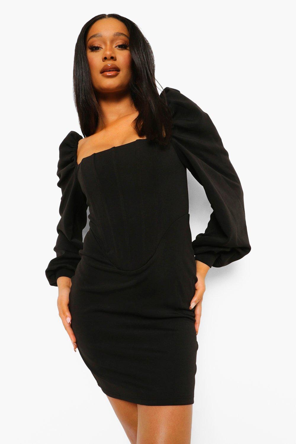 Stone Binding Waist Puff Long Sleeve Shift Dress