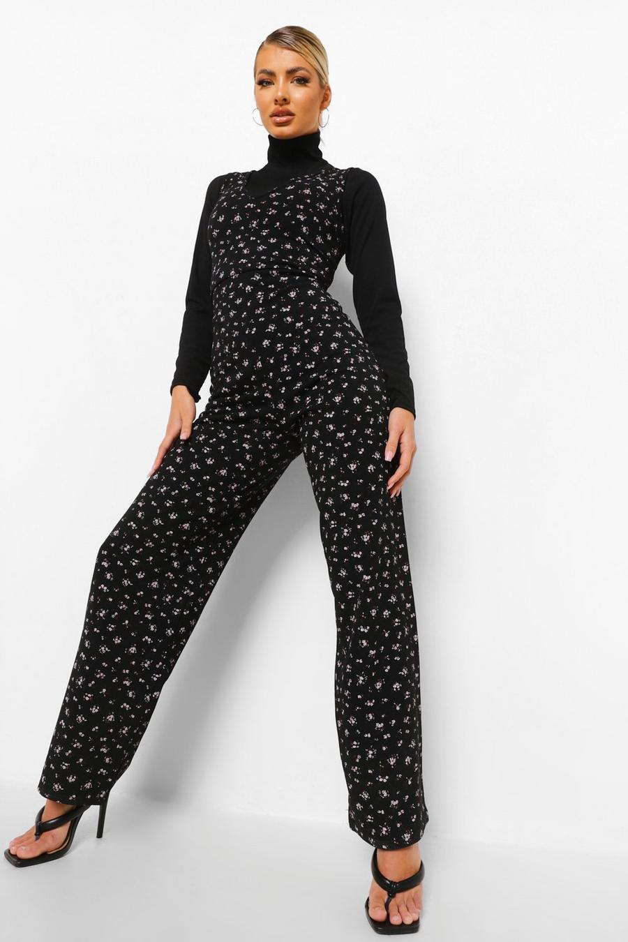 Black Rib Roll Neck Top And Floral Jumpsuit image number 1