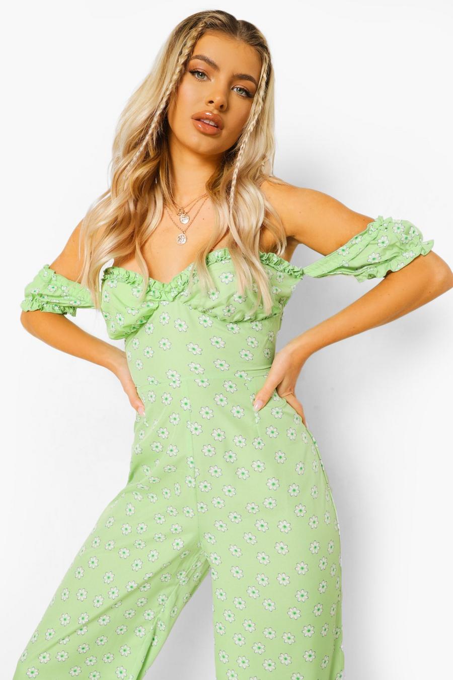Light green Bardot Floral Print Cullotte Jumpsuit image number 1