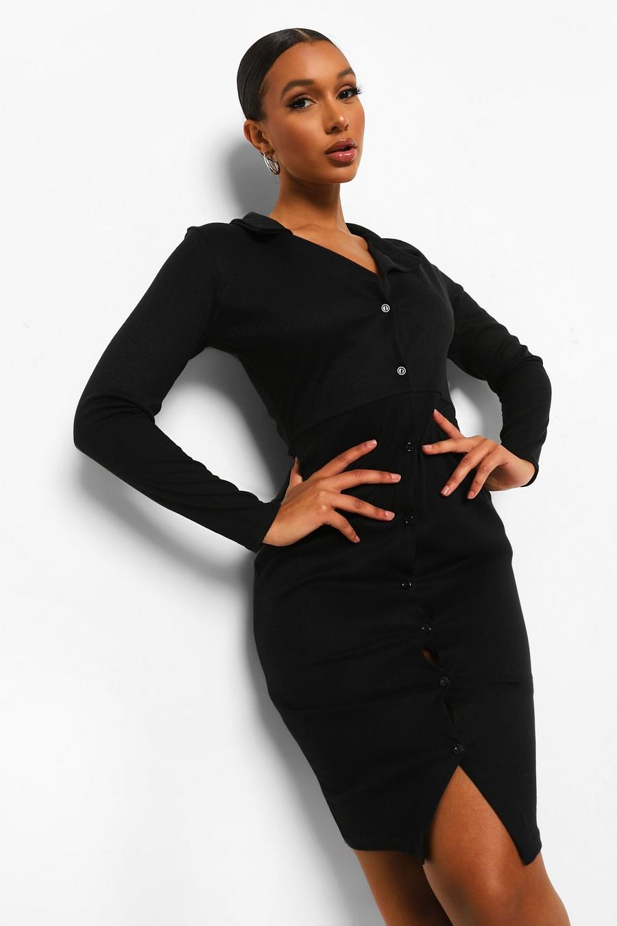 Black Rib Collared Midi Shirt Dress image number 1