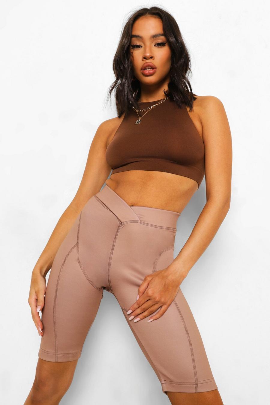 Brown Dipped Waisted Stitch Detail Biker Shorts