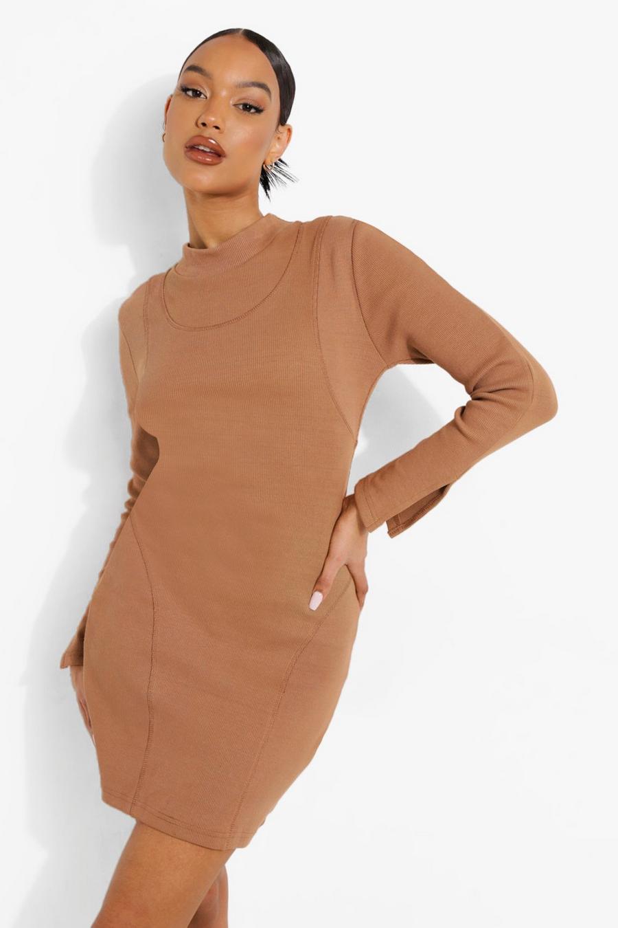 Brown Double Layer Premium Rib Detail Bodycon Dress image number 1