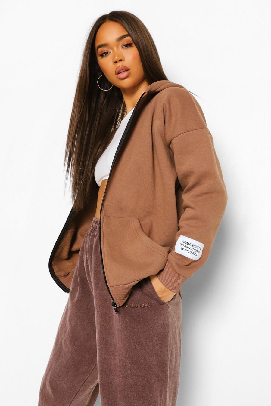 Brown Oversized W Ofcl Branded Zip Up Hoodie image number 1