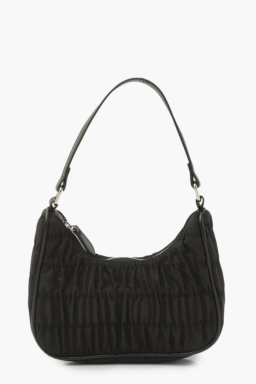 Black Nylon Ruched Zip Up Shoulder Bag image number 1