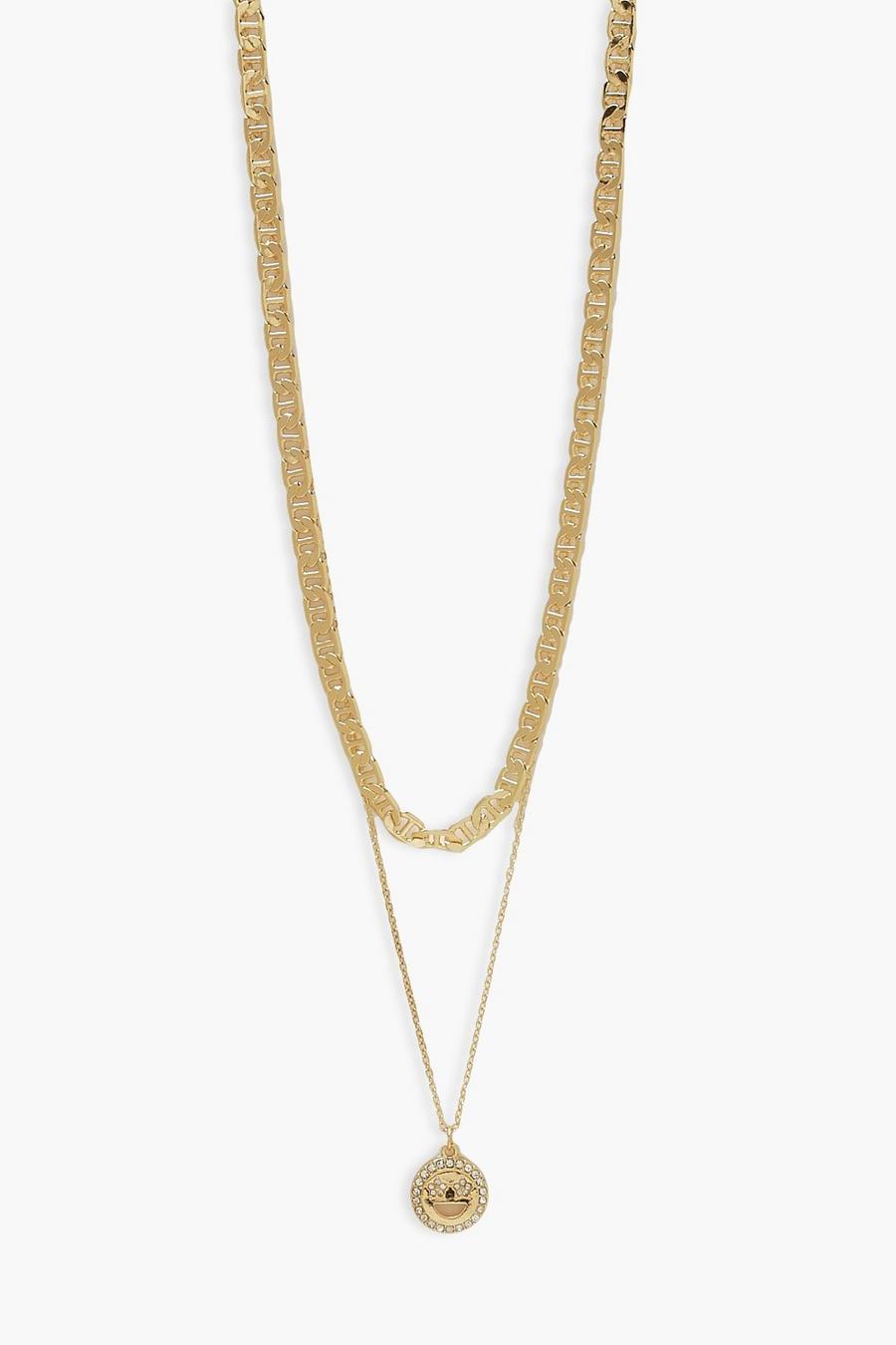 Gold metallic Double Layered Diamante Happy Face Necklace image number 1