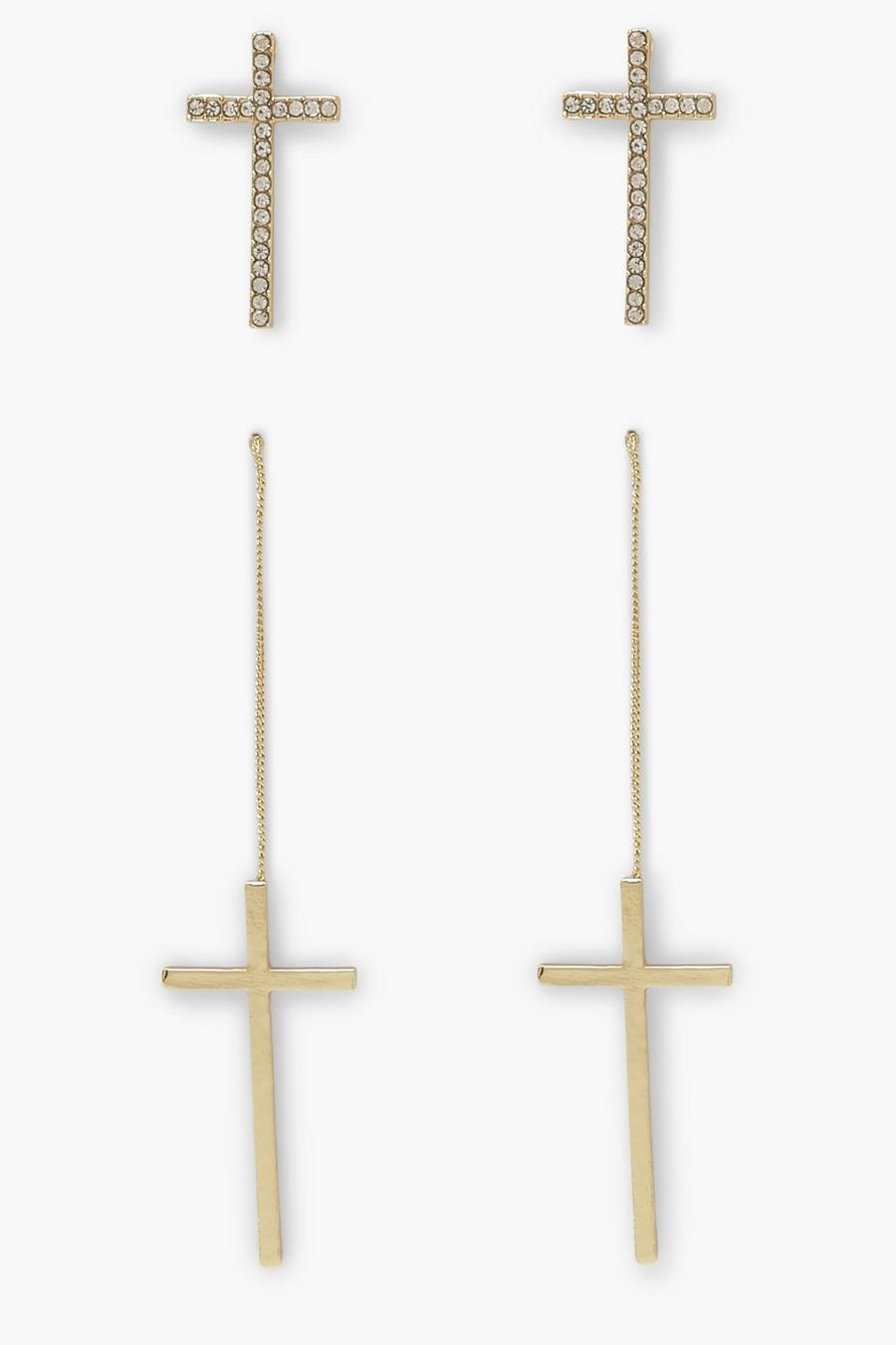 Ohrringe mit Kreuz, glatt und strassbesetzt im Zweierpack , Gold image number 1