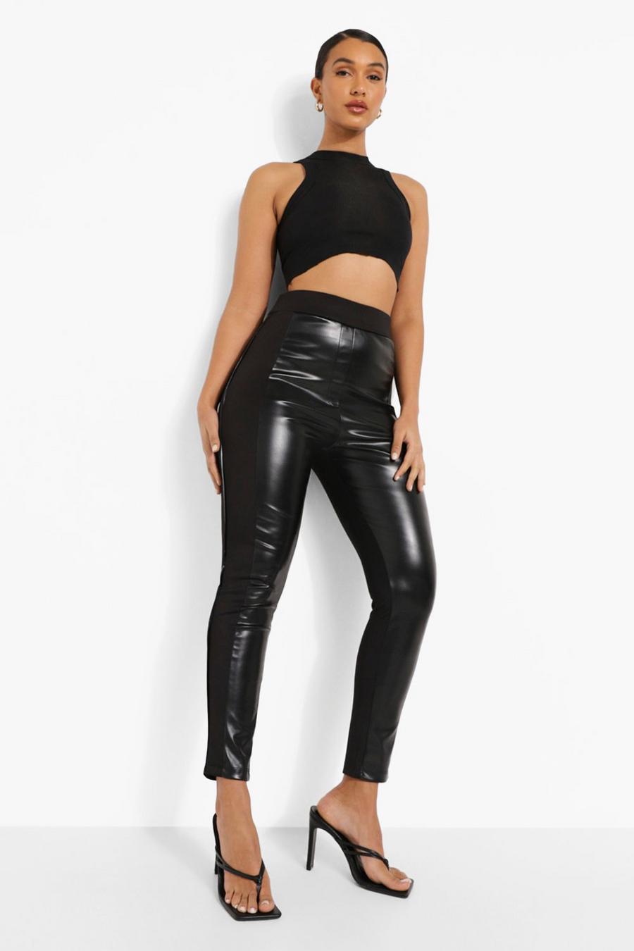 Black Contrast Panel Faux Leather Pu Leggings image number 1