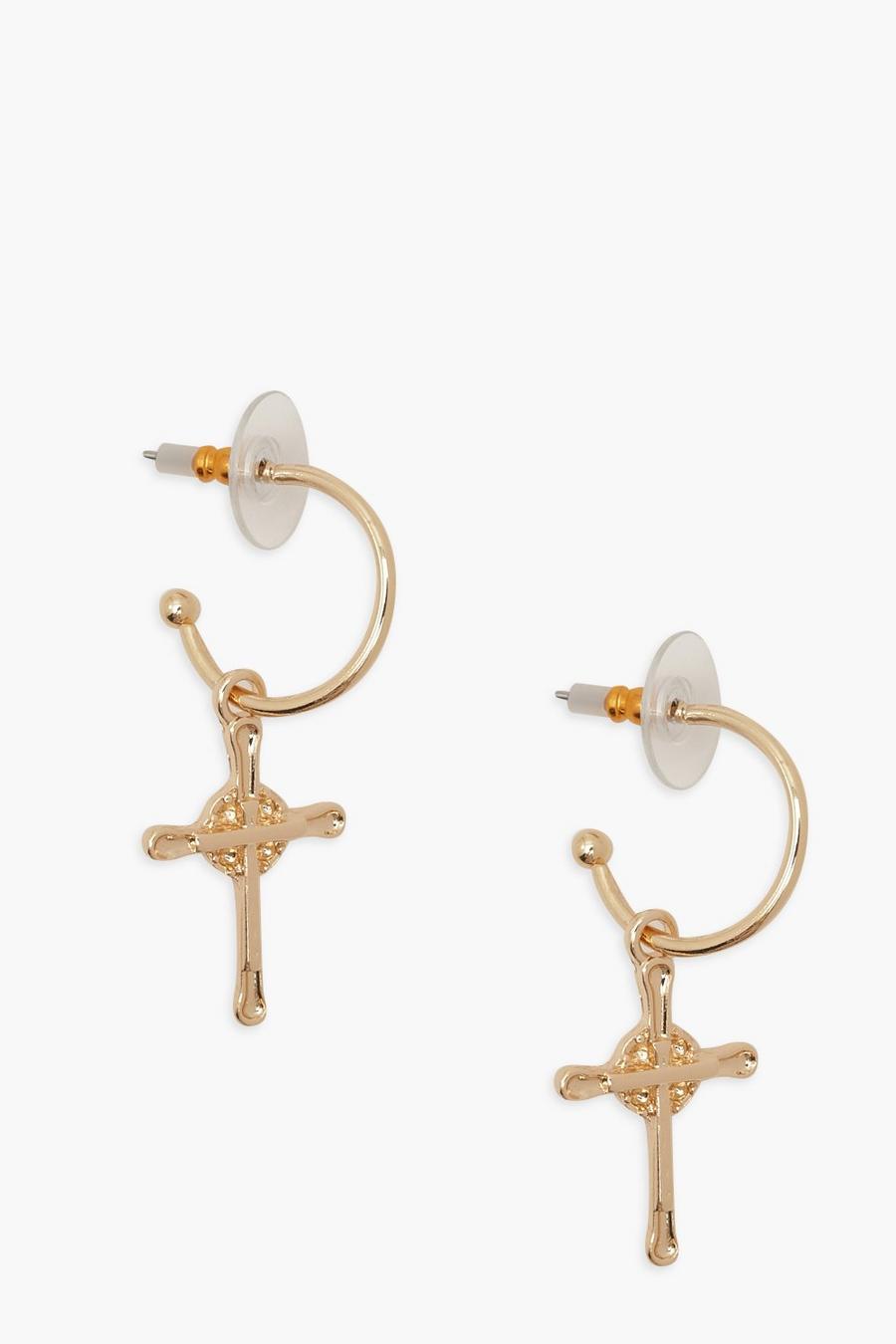 Gold Gothic Cross Hoop Earrings image number 1