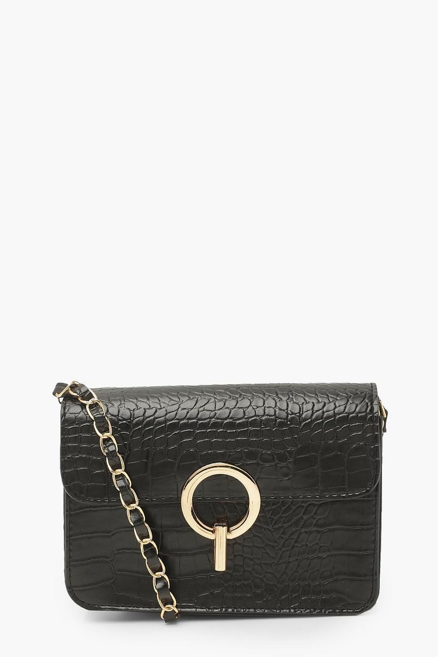 Black Croc Leather And Chain Strap Cross Body Bag image number 1