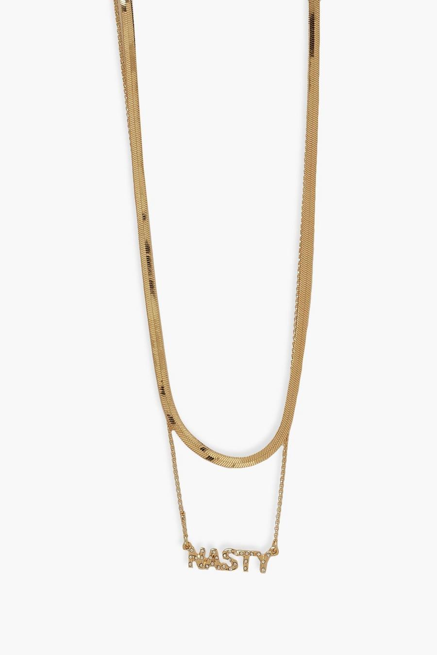 Gold "Nasty" Halsband med två kedjor och strass image number 1