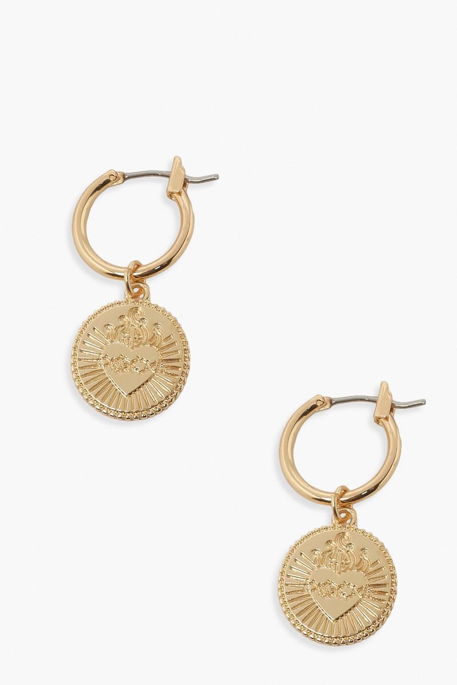 Gold Heart Textured Coin Earrings image number 1