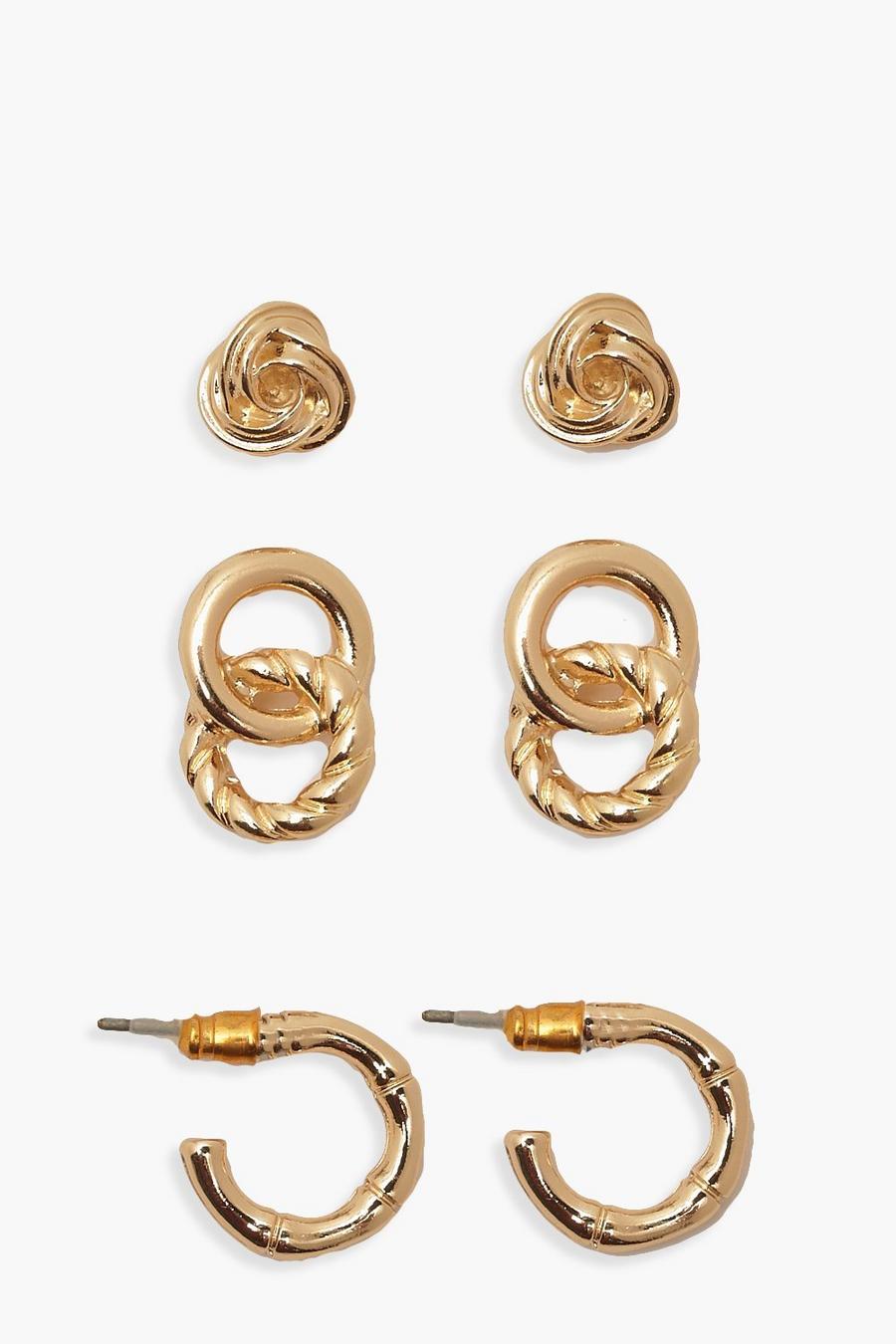 Gold Creolörhängen och nitörhängen med knutar (3-pack) image number 1
