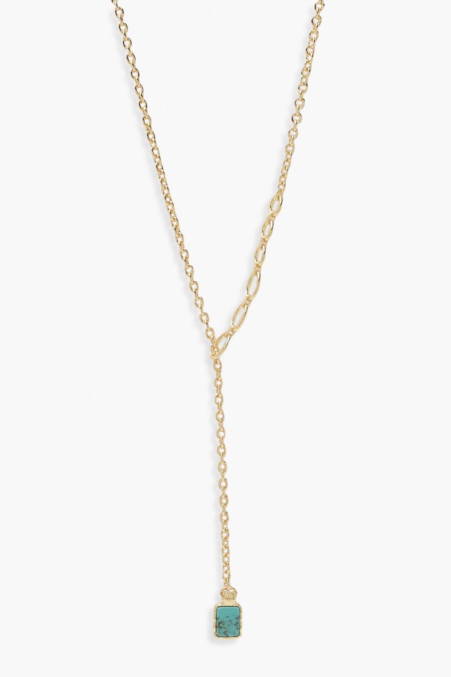 Gold Aqua Stone Pendant Drop Plunge Necklace image number 1
