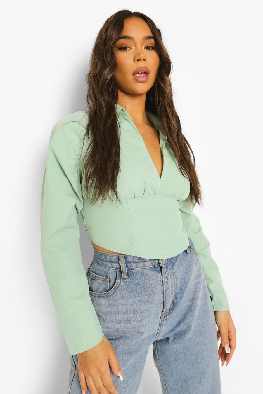 Sage green Open Back Ruched Sleeve Shirt