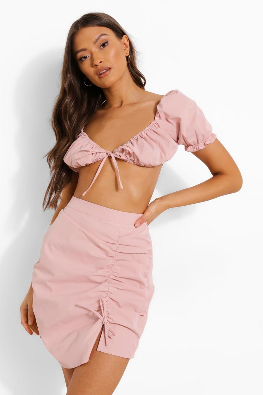 Peach Ruched Bralette & Mini Skirt image number 1