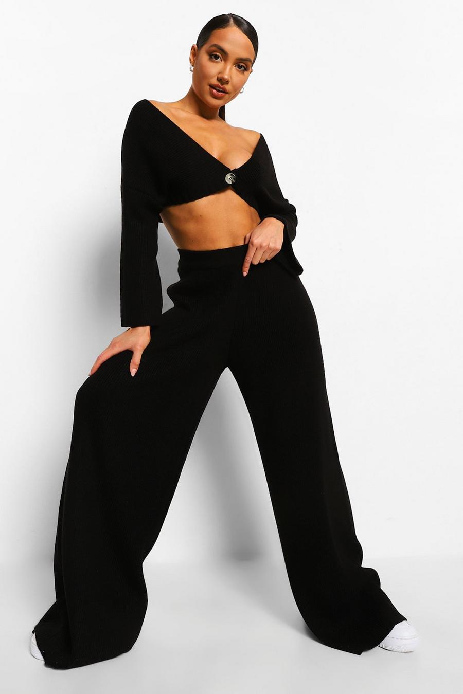 Black Off The Shoulder Wide Leg Knitted Two-Piece image number 1