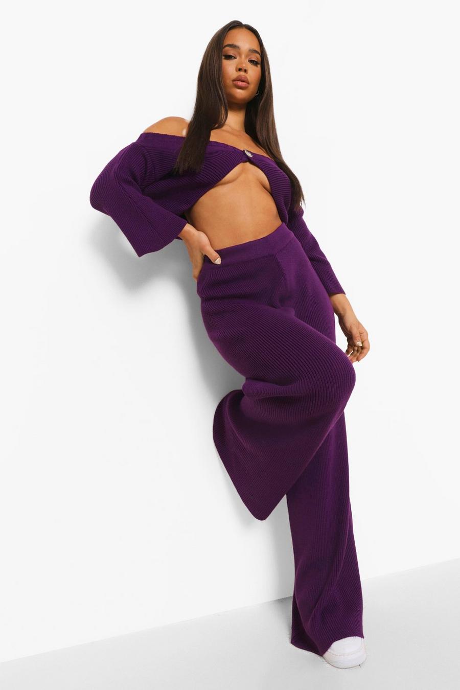 Purple Off The Shoulder Wide Leg Knitted Co-ord image number 1