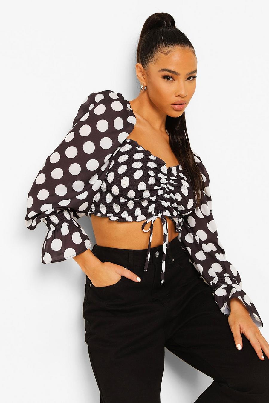 Black Polka Dot Rouched Puff Sleeve Crop Top image number 1