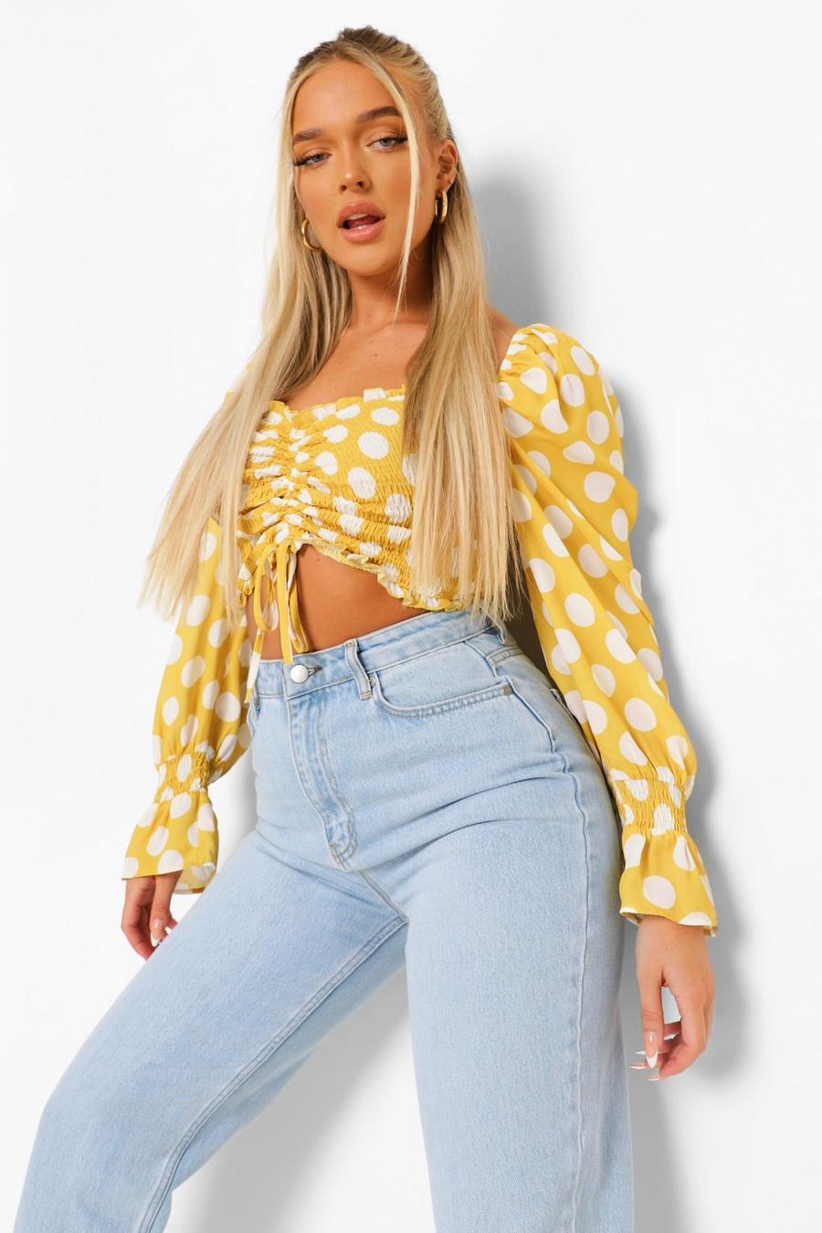 Mustard Polka Dot Ruched Puff Sleeve Crop Top image number 1