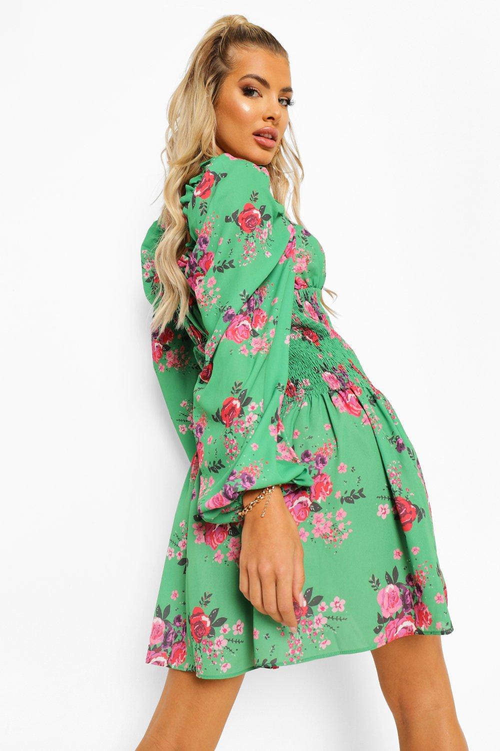 Green long sleeve floral on sale dress