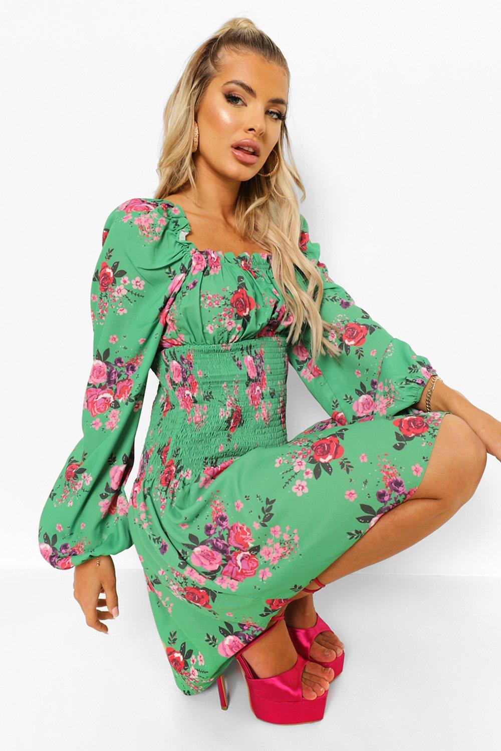 Boohoo green 2025 floral dress