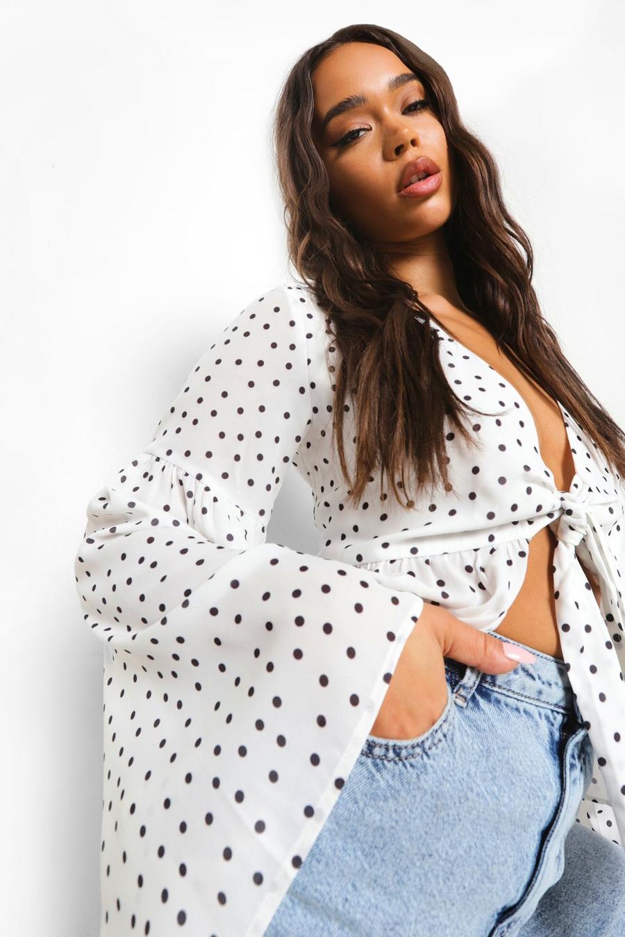 White Polka Dot Tie Front Blouse image number 1